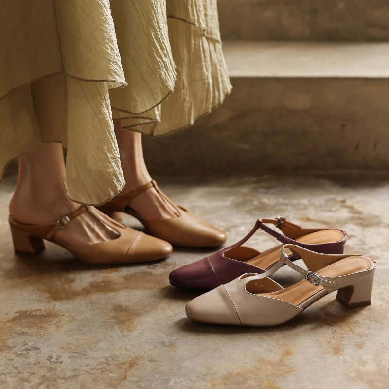 Women's T-Bar Leather Mules