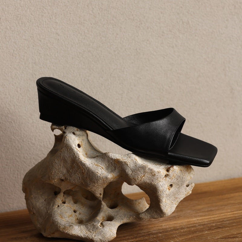 Women's Square-Toe Leather Wedge Mules