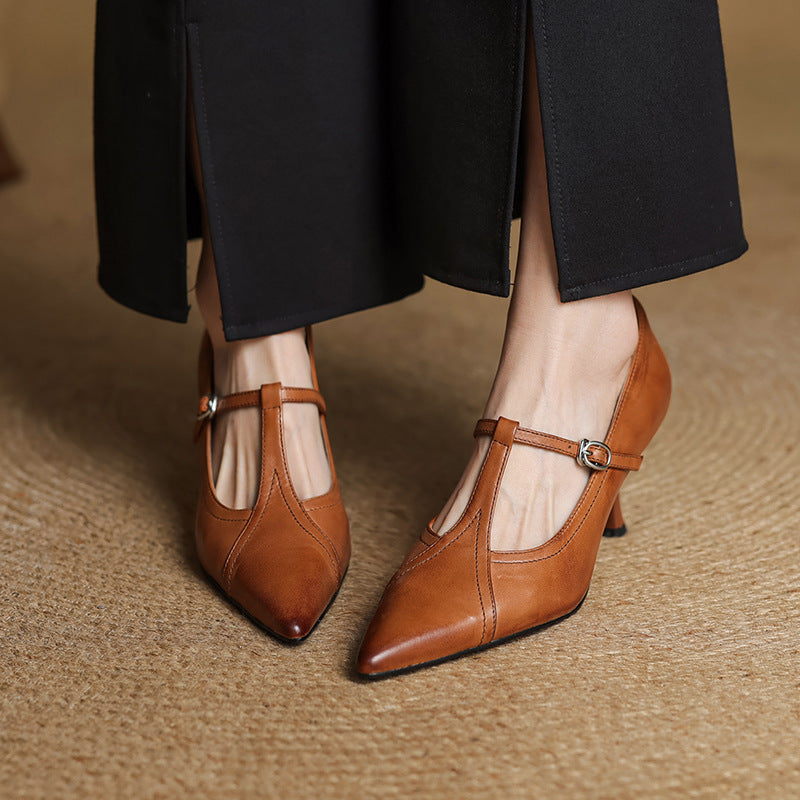Women's Leather T-strap Pumps