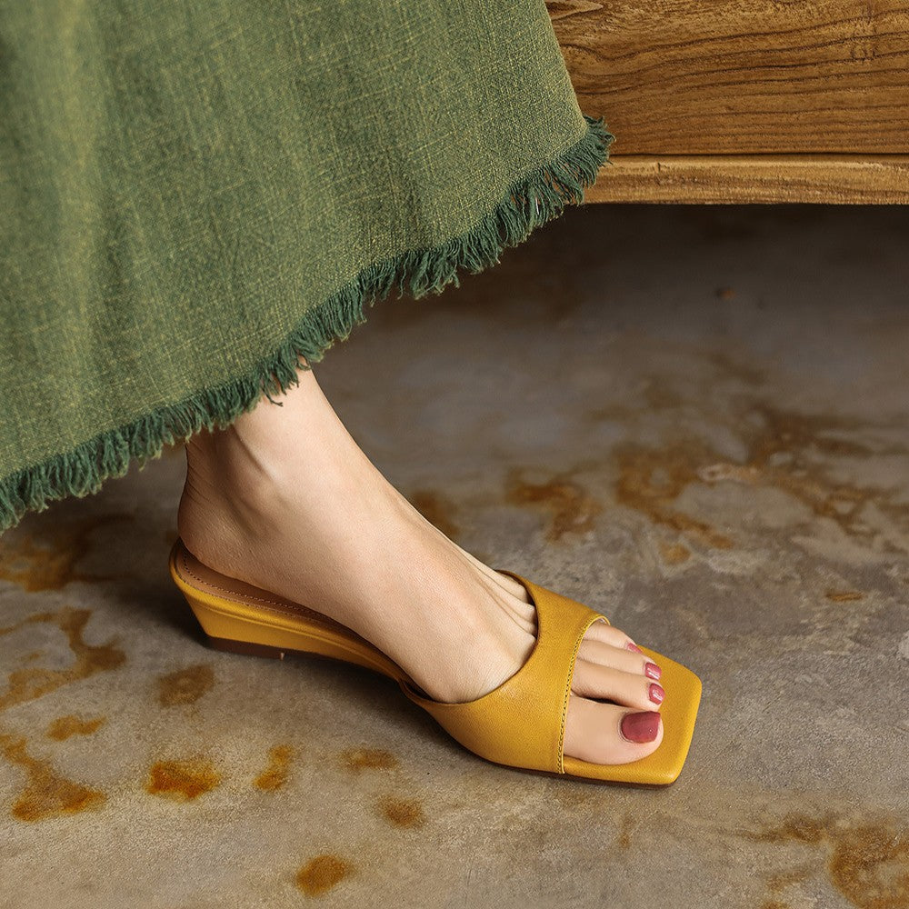 Women's Square-Toe Leather Wedge Mules