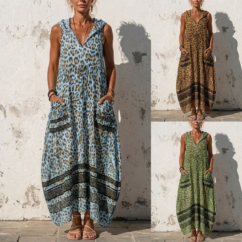 Saffron™ | Leopard-Print Sleeveless Boho Maxi Dress