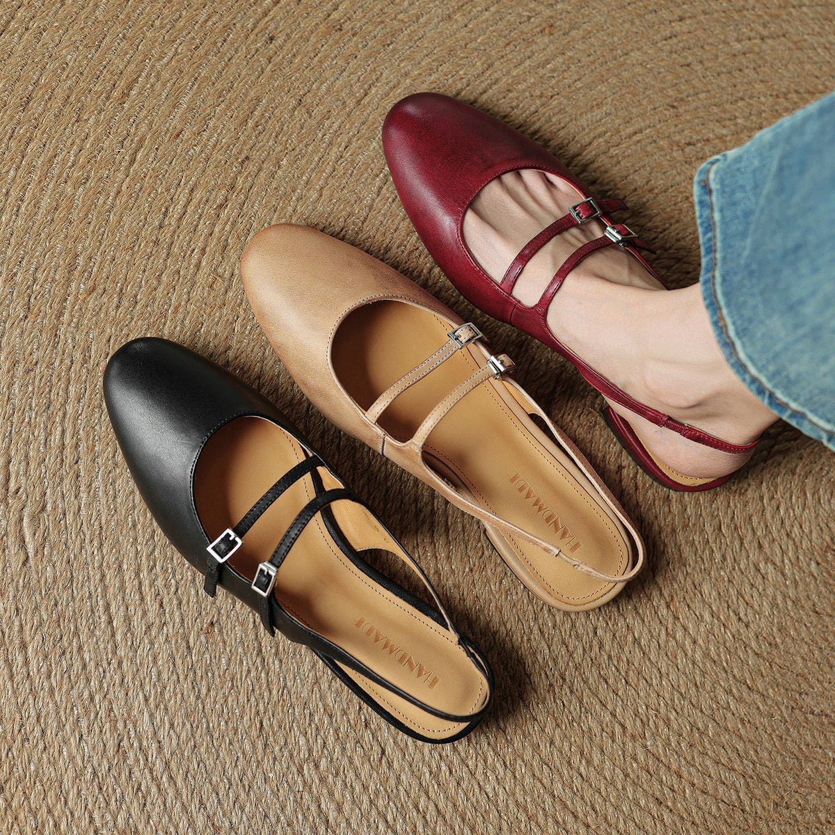 Women's Leather Slingback Mary Jane Flats
