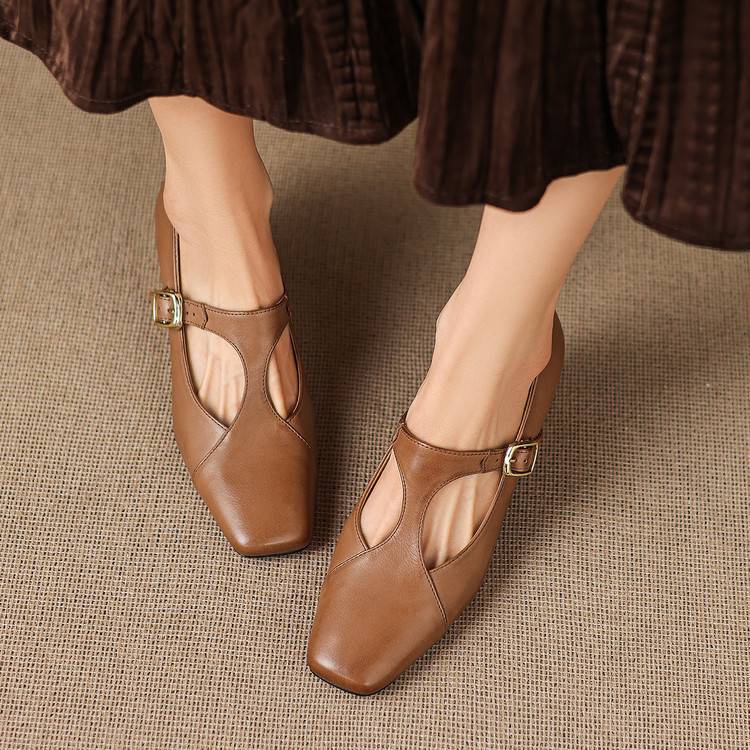Women's Square-Toe Leather Mary-Jane Heels