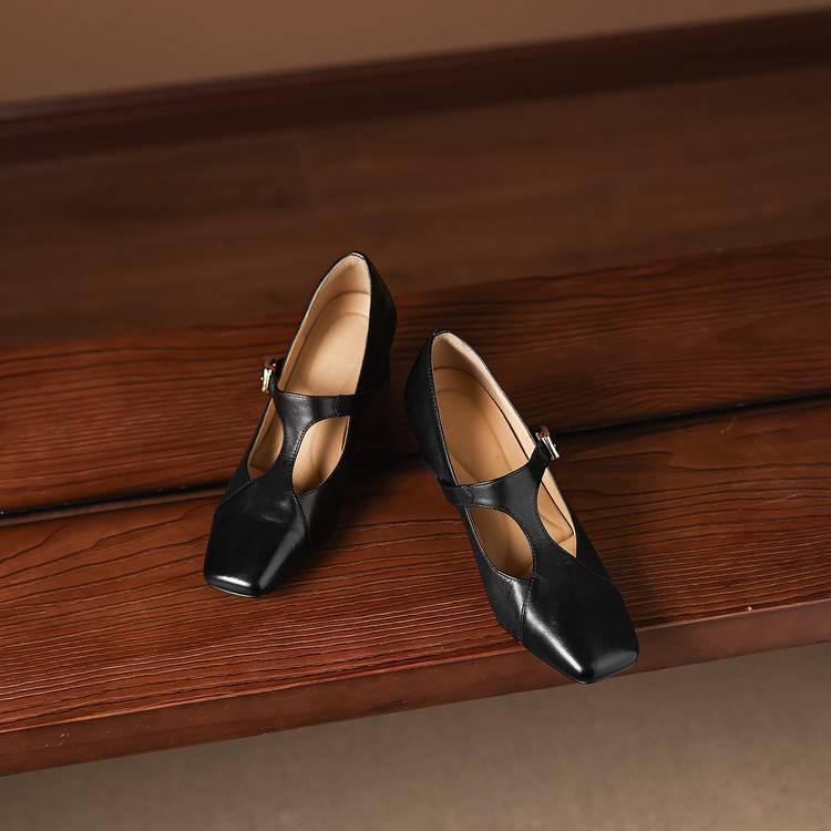 Women's Square-Toe Leather Mary-Jane Heels