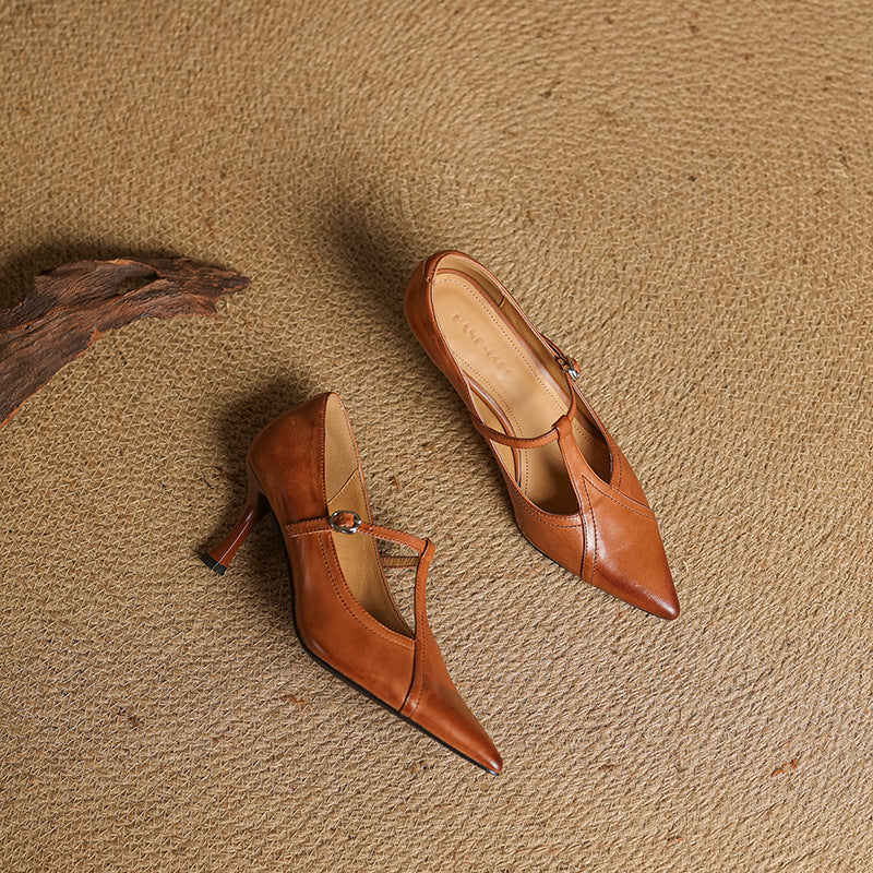 Women's Leather T-strap Pumps