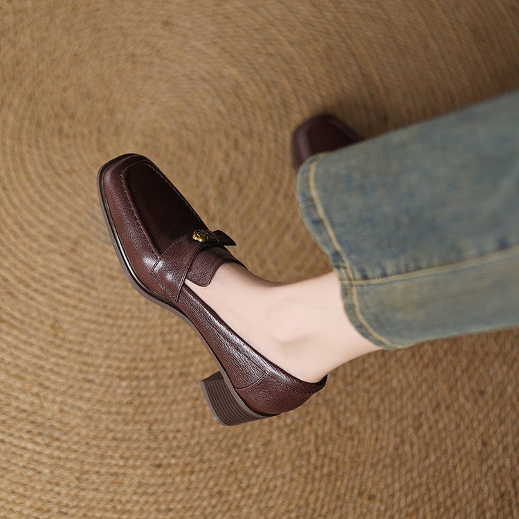 Women's Square-Toe Leather Loafer Pumps
