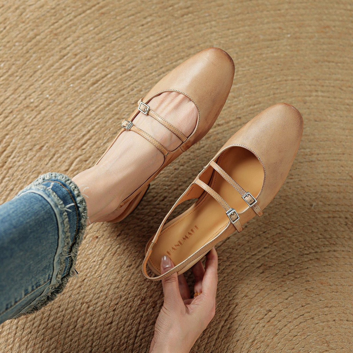 Women's Leather Slingback Mary Jane Flats