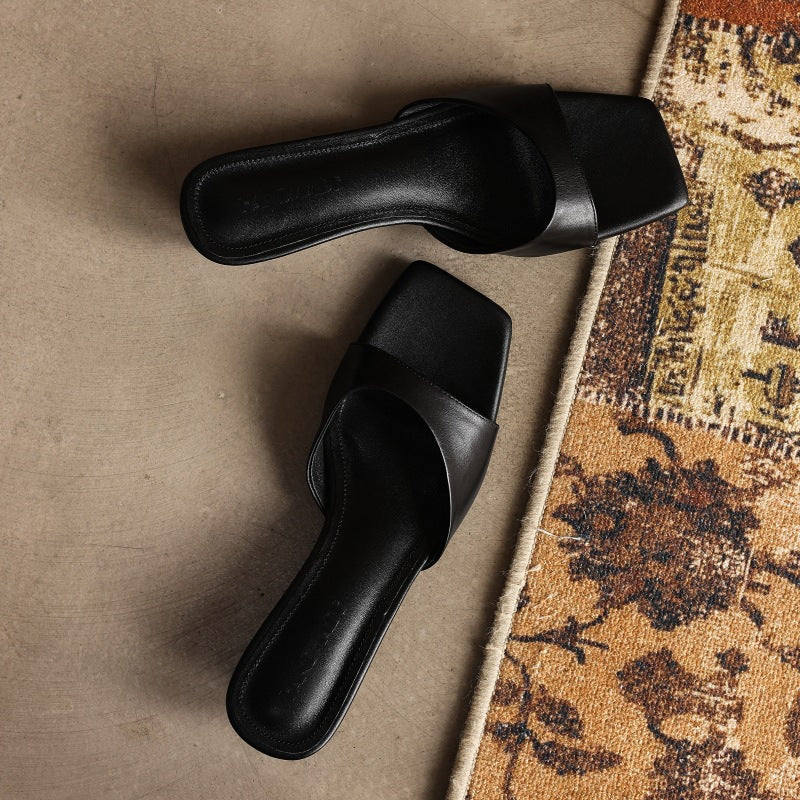 Women's Square-Toe Leather Wedge Mules