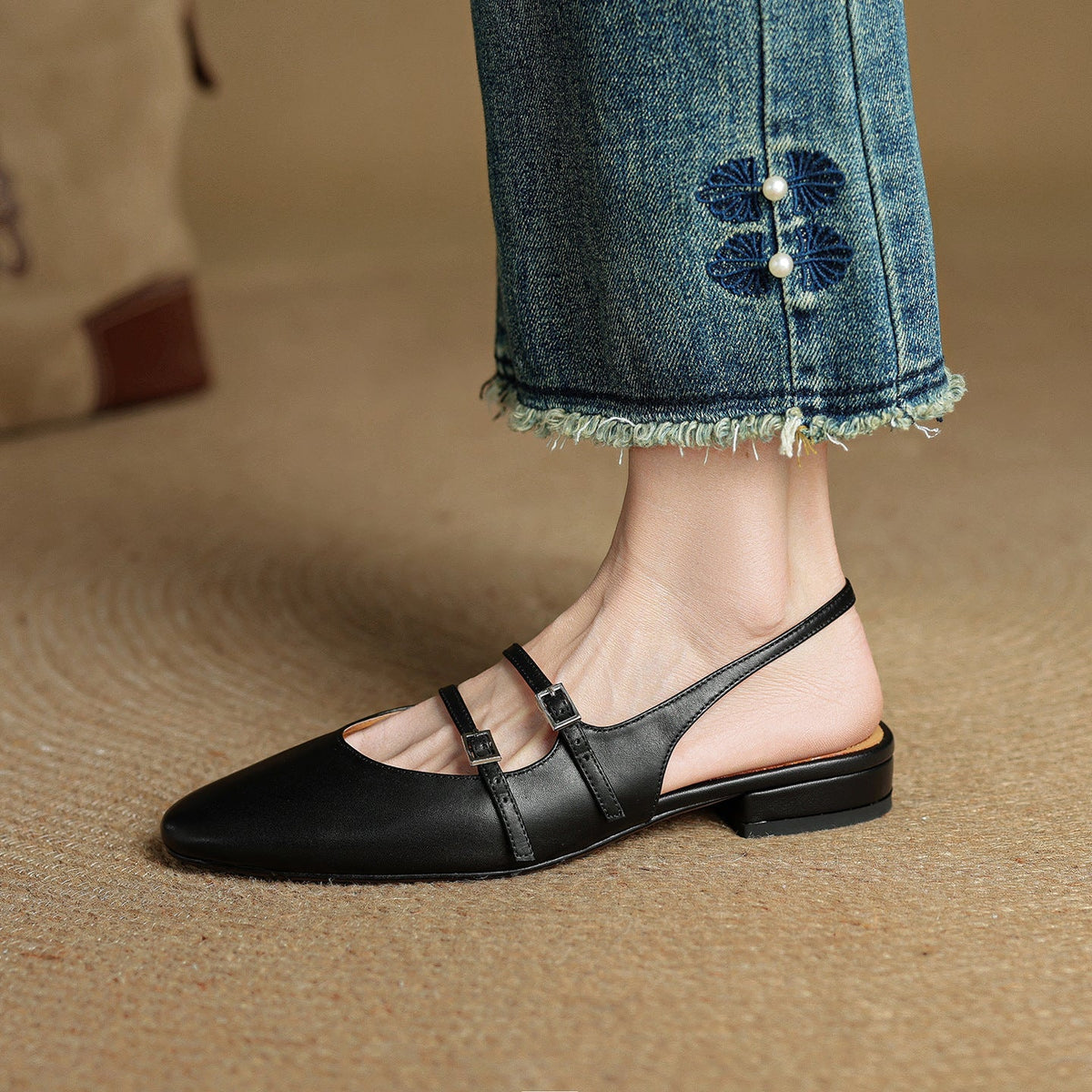 Women's Leather Slingback Mary Jane Flats