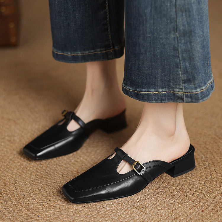 Women's T-Strap Leather Mules