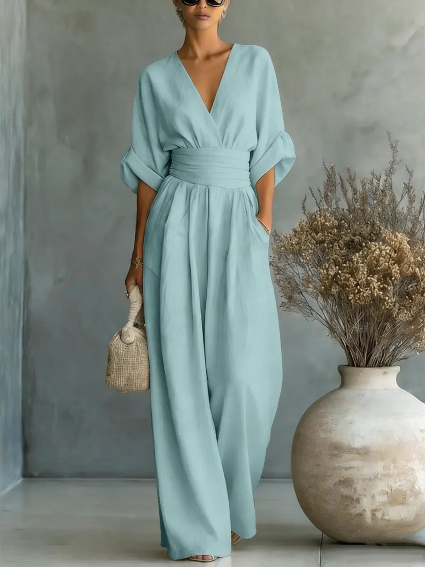 Mirabel™ | V-Neck Wide-Leg Jumpsuit with Wrap Waist and Flowy Sleeves