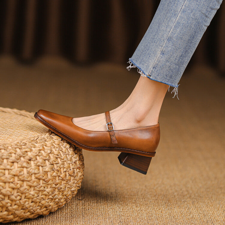 Women's Strap Leather Mary-Jane Heels