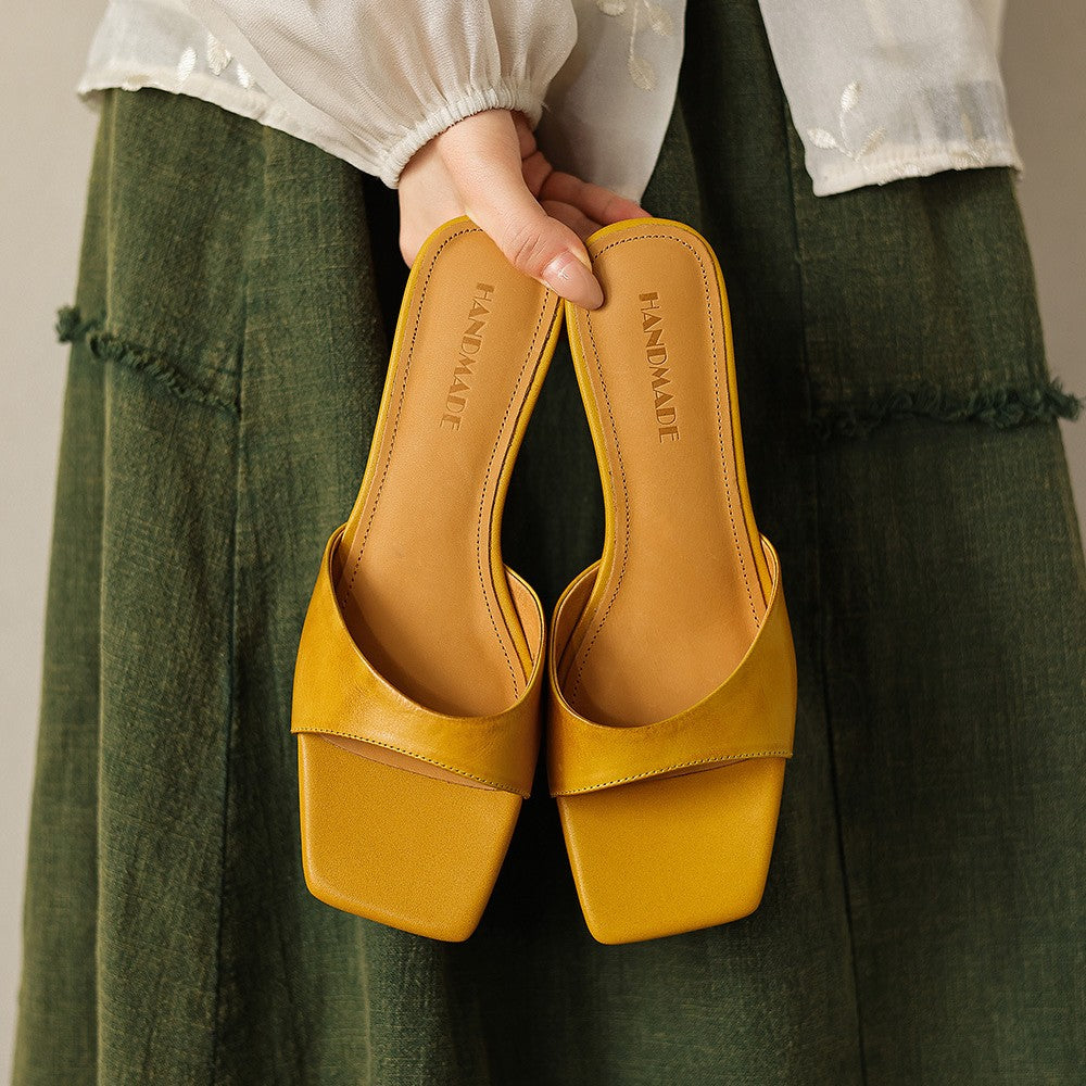 Women's Square-Toe Leather Wedge Mules