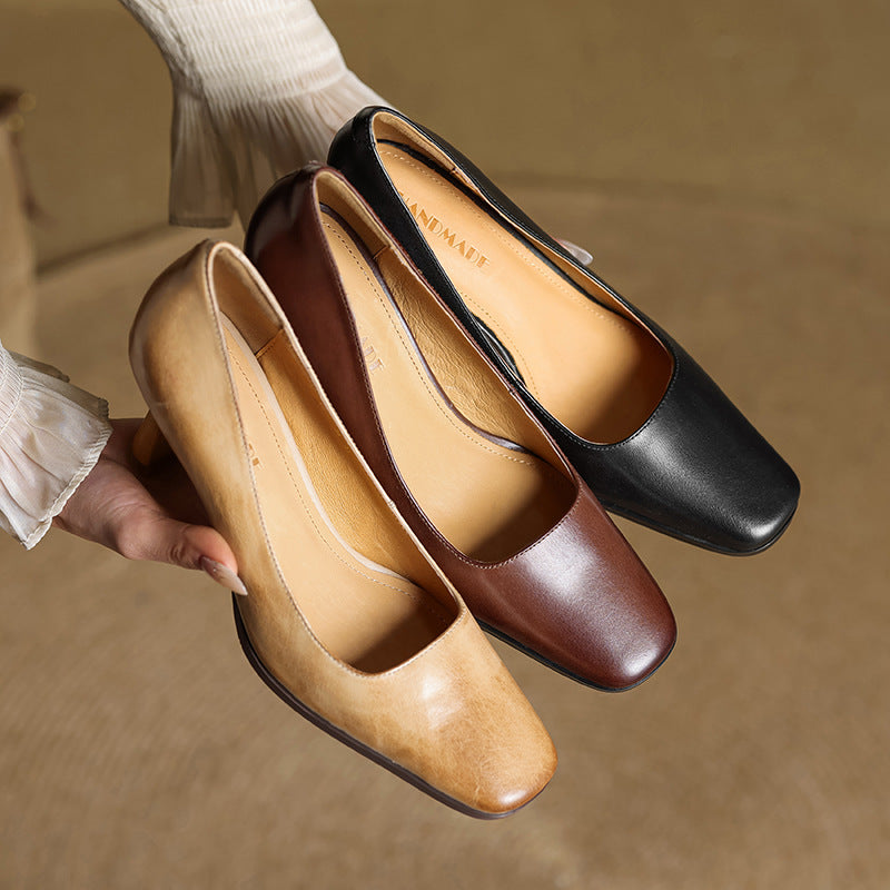 Women's Square Leather Pumps