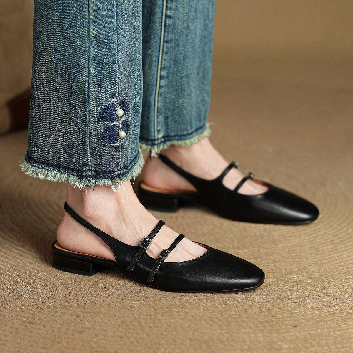Women's Leather Slingback Mary Jane Flats