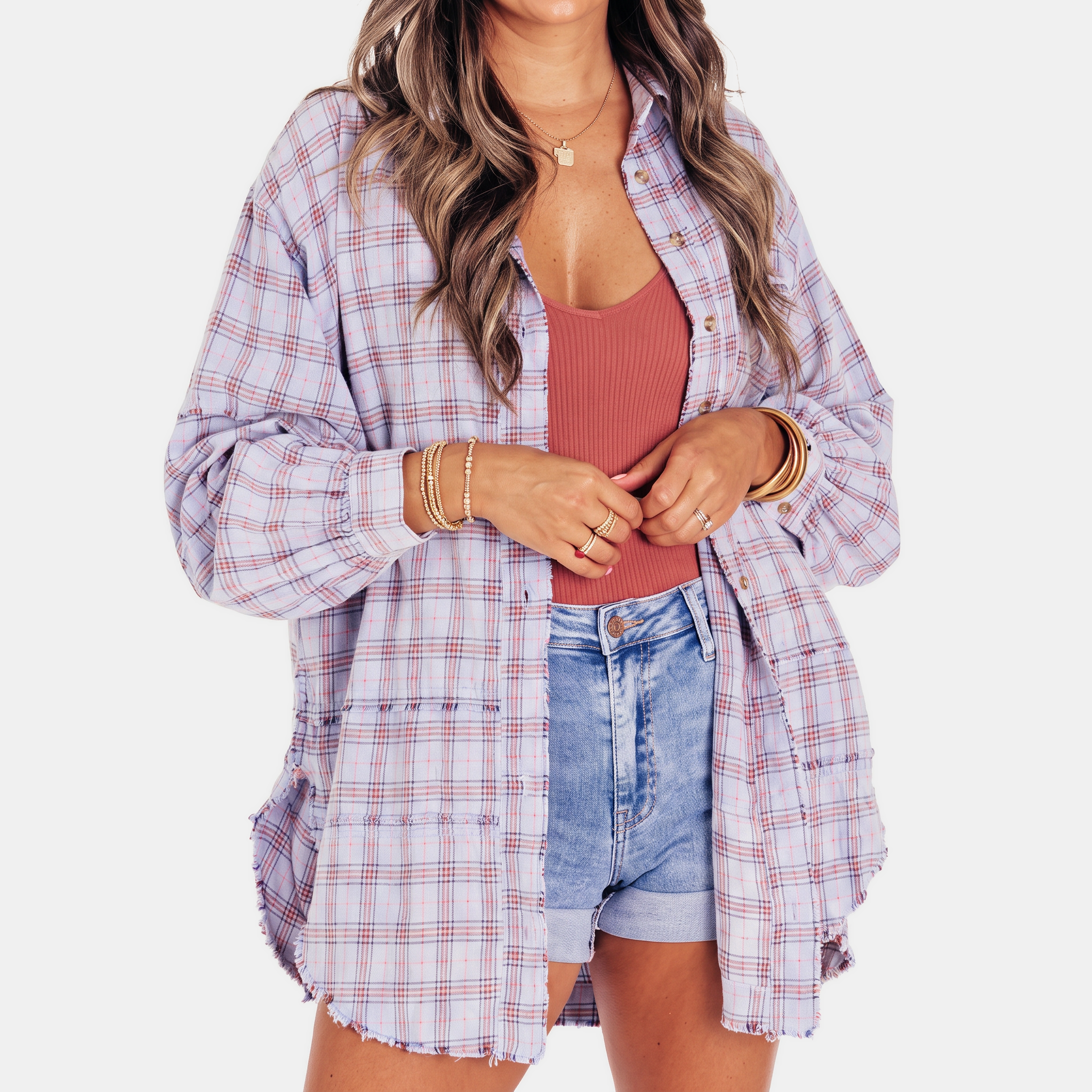 Isadora™ | Oversized Raw Hem Plaid Shirt