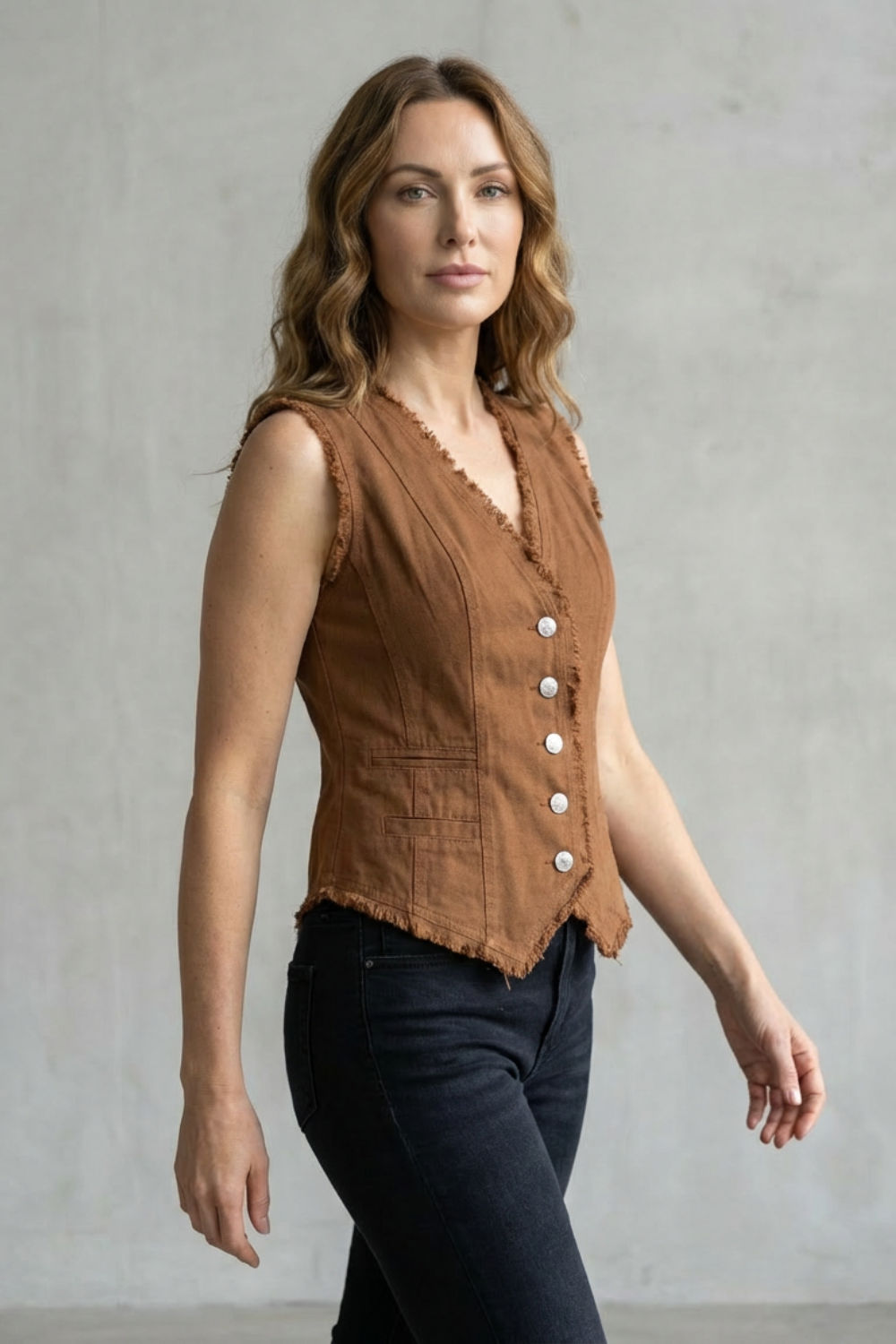 Women's Distressed Button Denim Vest Western-Inspired Statement Piece