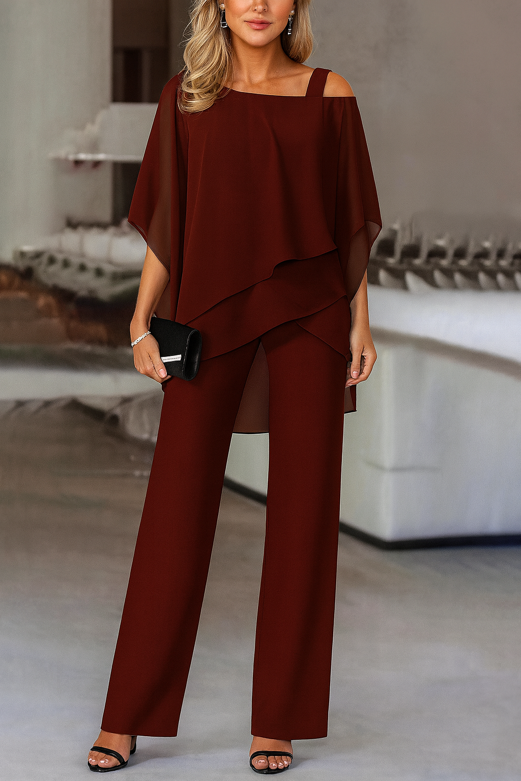 Patricia | Women's Cold-Shoulder Cape-Top Pant Set