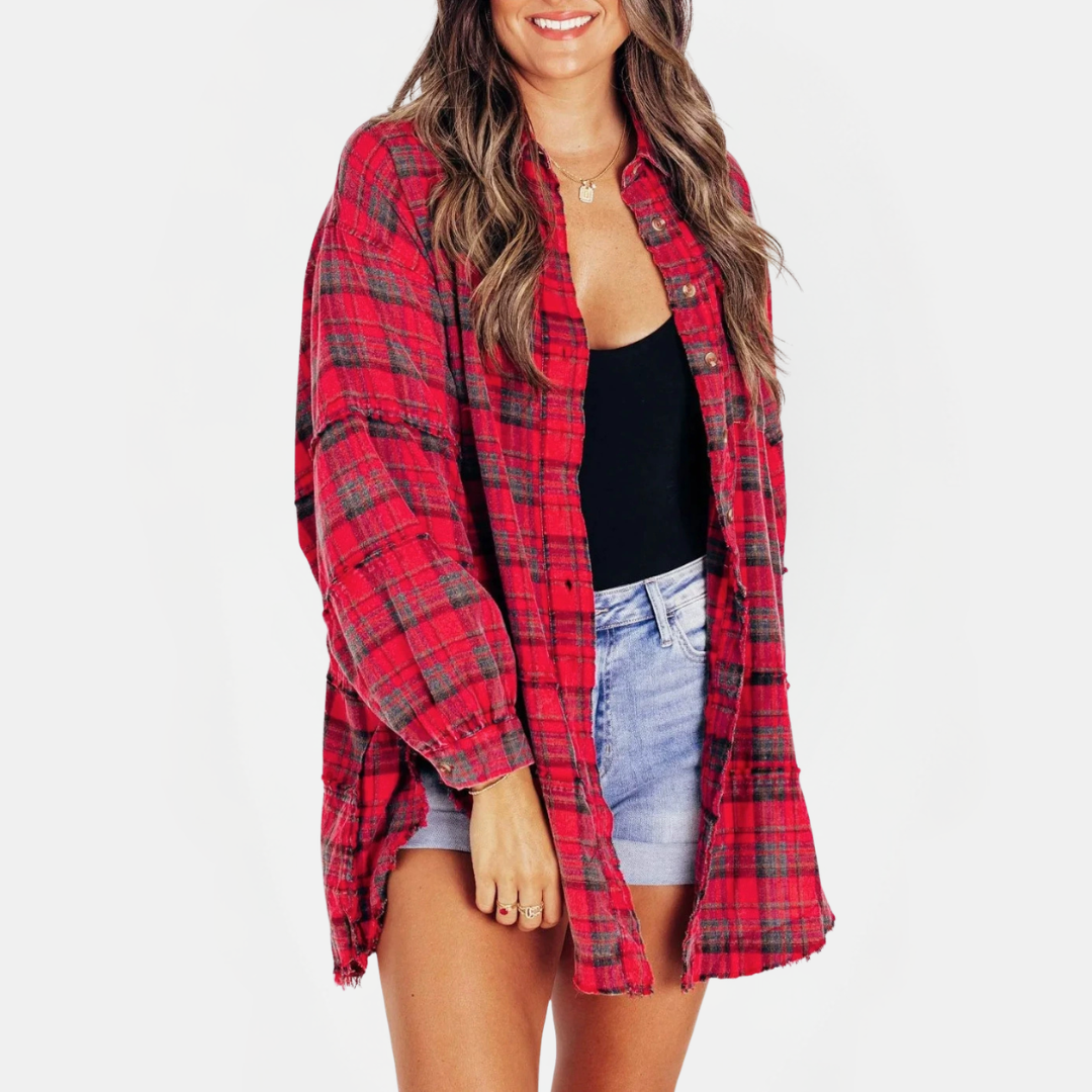 Isadora™ | Oversized Raw Hem Plaid Shirt