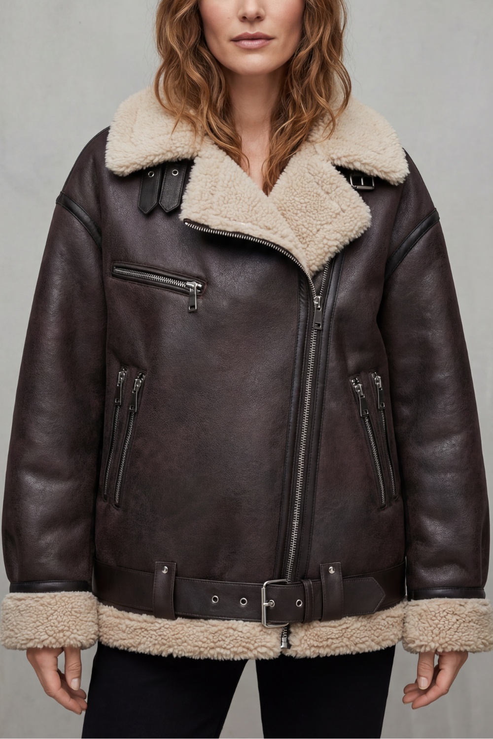 Women's Belted Shearling Trim Aviator Coat