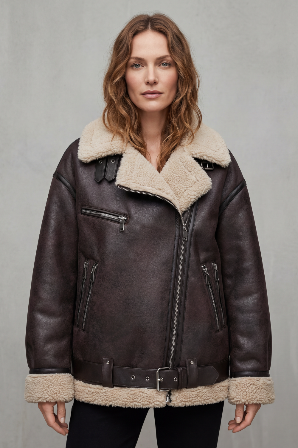 Women's Belted Shearling Trim Aviator Coat