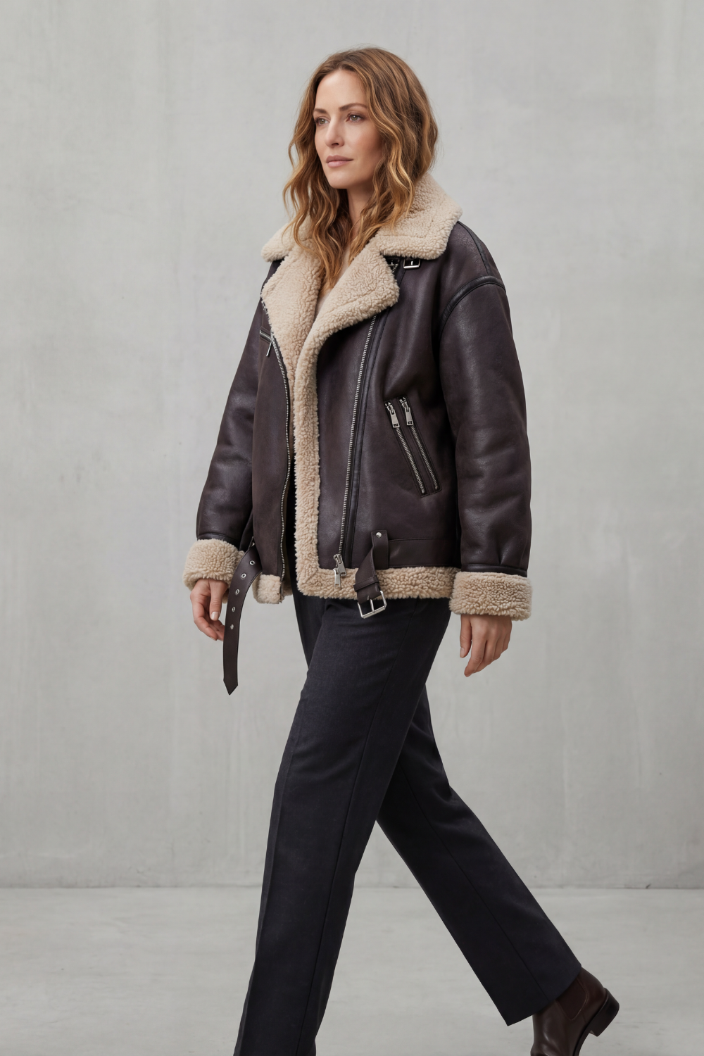 Women's Belted Shearling Trim Aviator Coat