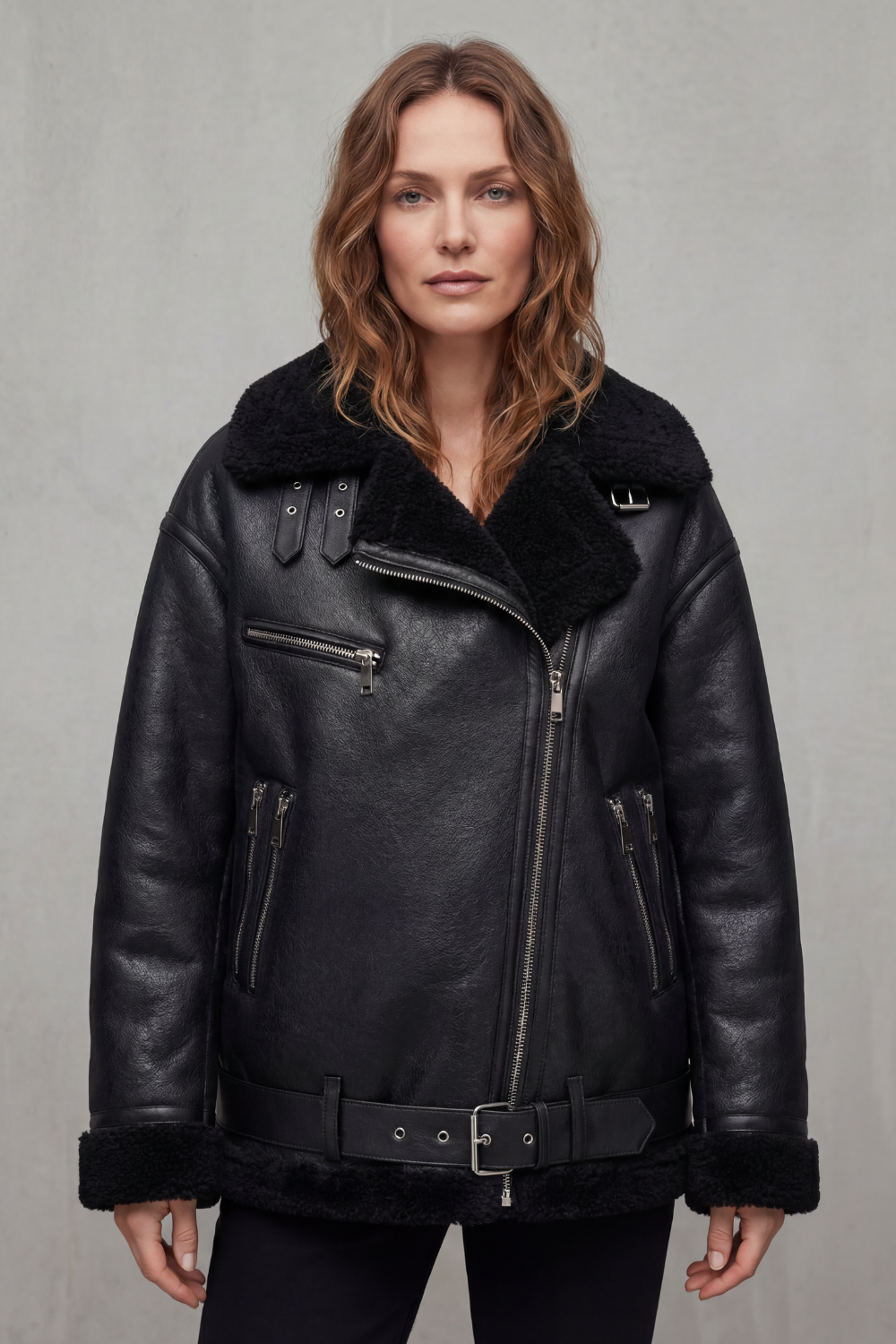 Women's Belted Shearling Trim Aviator Coat