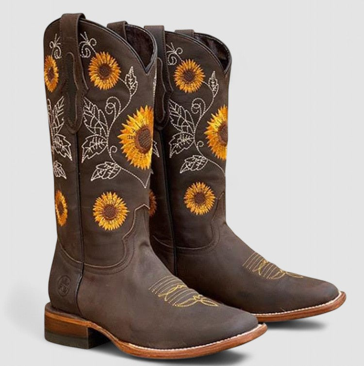 Alverene™ | Sunflower-Embroidered Western Boots