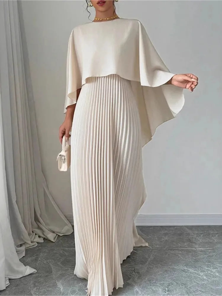 Thea™ | Cape Overlay Pleated Maxi Dress