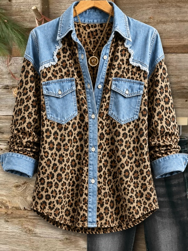 Fiorella™ | Leopard Patchwork Button-Down Shirt