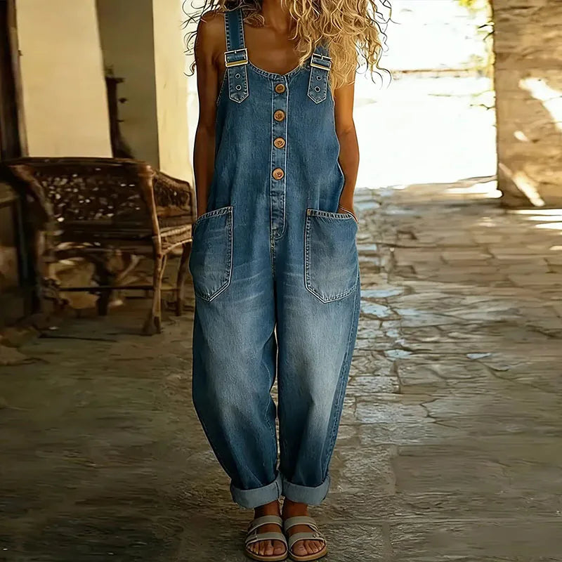 Mara | Vintage Soft Cotton Denim-Look Overalls with Adjustable straps