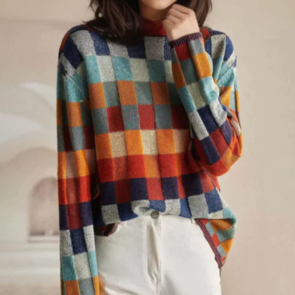 Nalindra™ | Retro Plaid Turtleneck Sweater