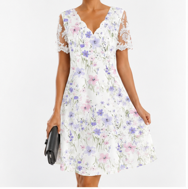 Edith | Lace Sleeve Floral Midi Dress