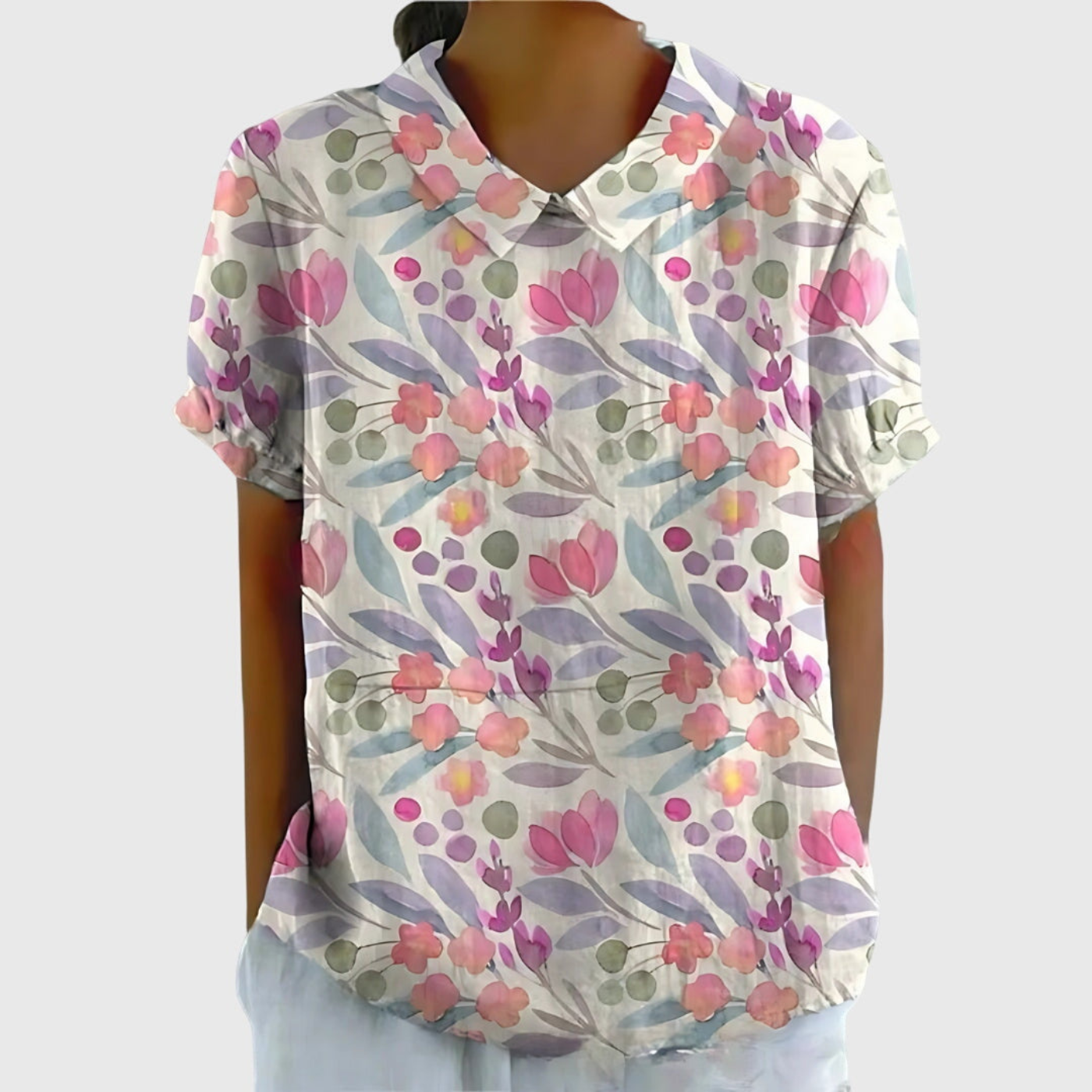 Rosabel™ | Floral Print Short Sleeve Collared Blouse