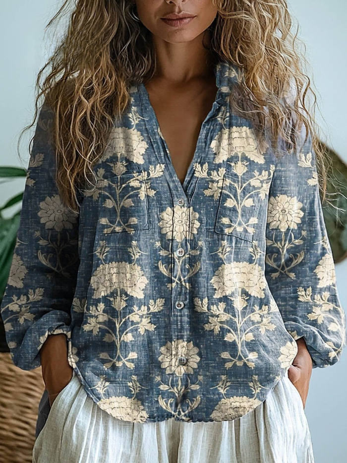 Fiorella™ | Vintage Blue Botanical Button-Down Blouse