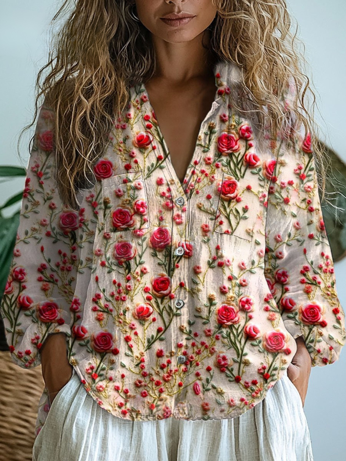 Claribelle™ | Romantic Rose Garden Button-Down Blouse