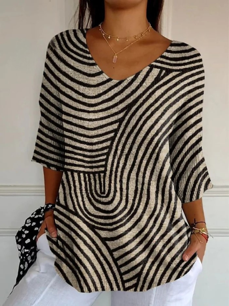 Fioravelle™ | Retro Geometric Art Round Line Print Casual Pullover Top