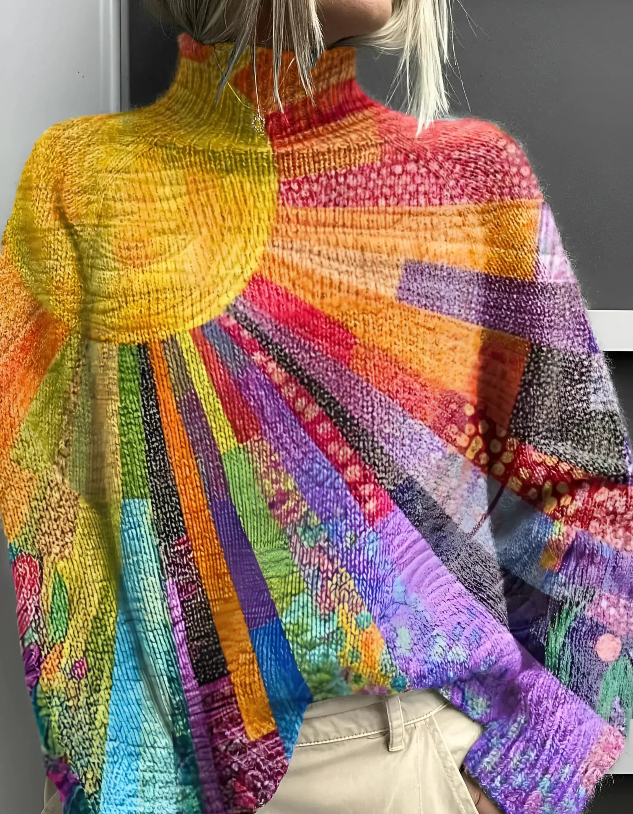 Fleuriva™ | Rainbow Sunburst Turtleneck Sweater