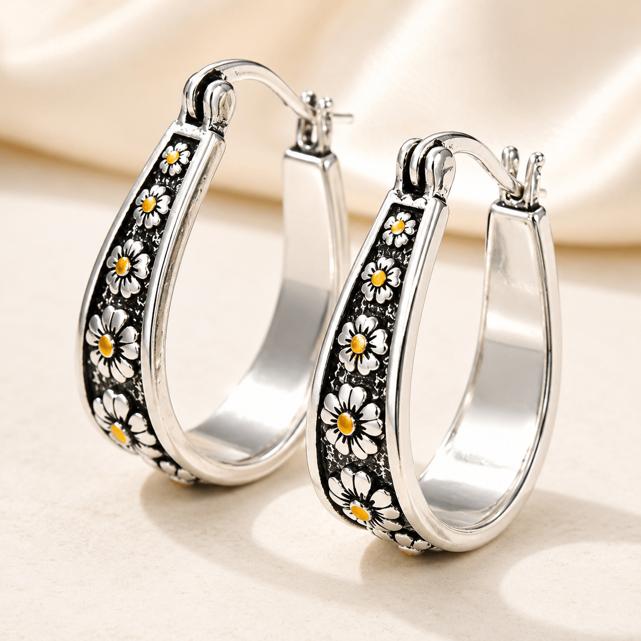Tivette™ | Vintage Hand-Cut Daisy Hoop Earrings