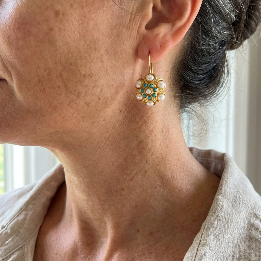 Roxanne™ | Turquoise & Pearl Medallion Earrings
