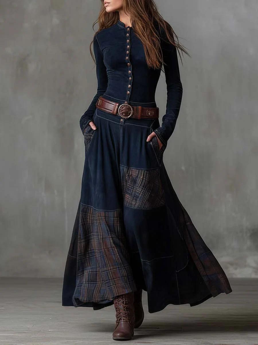Threnody™ | Vintage Long Dress in Navy Check (Includes Belt)