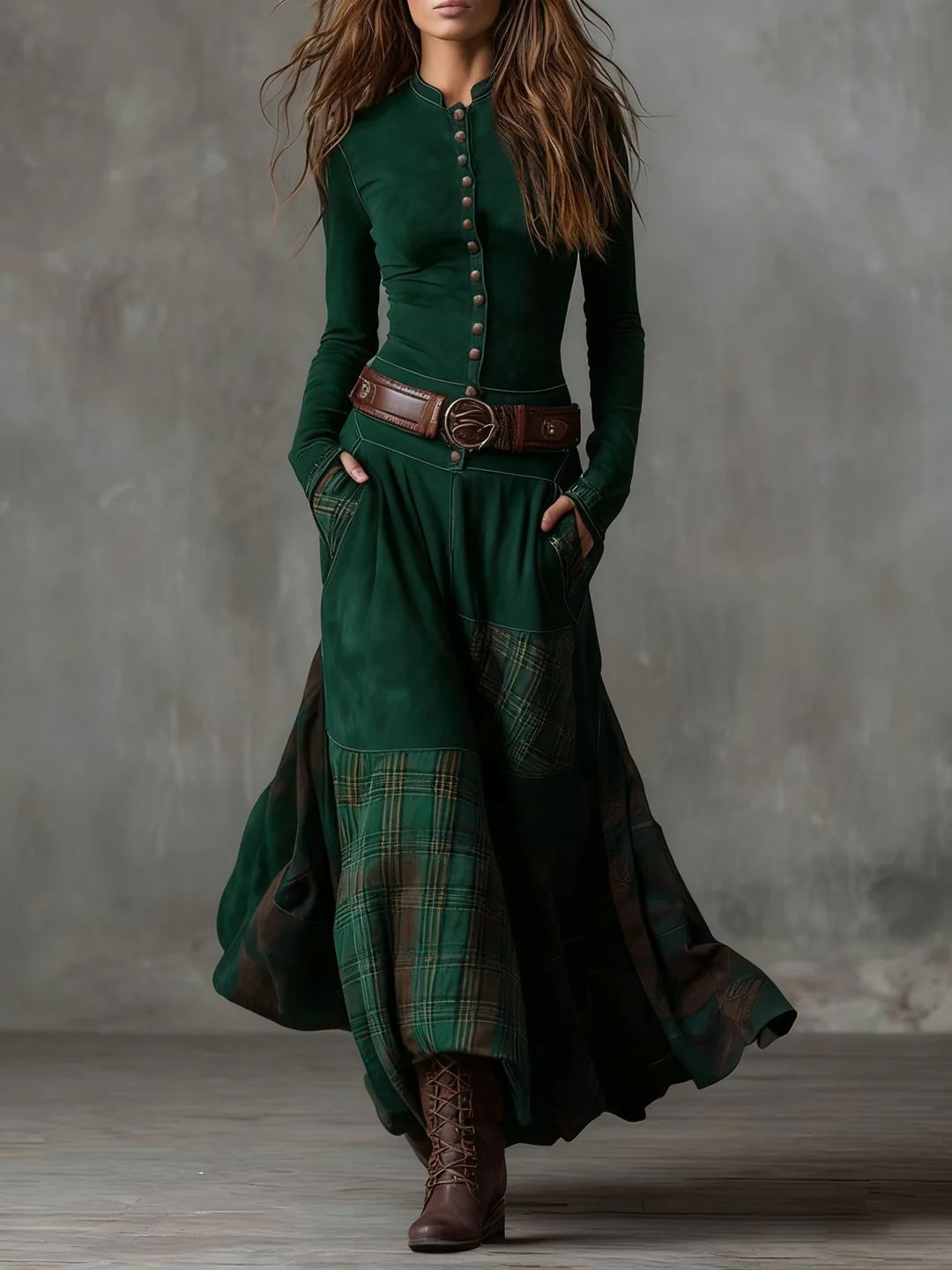 Threnody™ | Vintage Long Dress in Navy Check (Includes Belt)