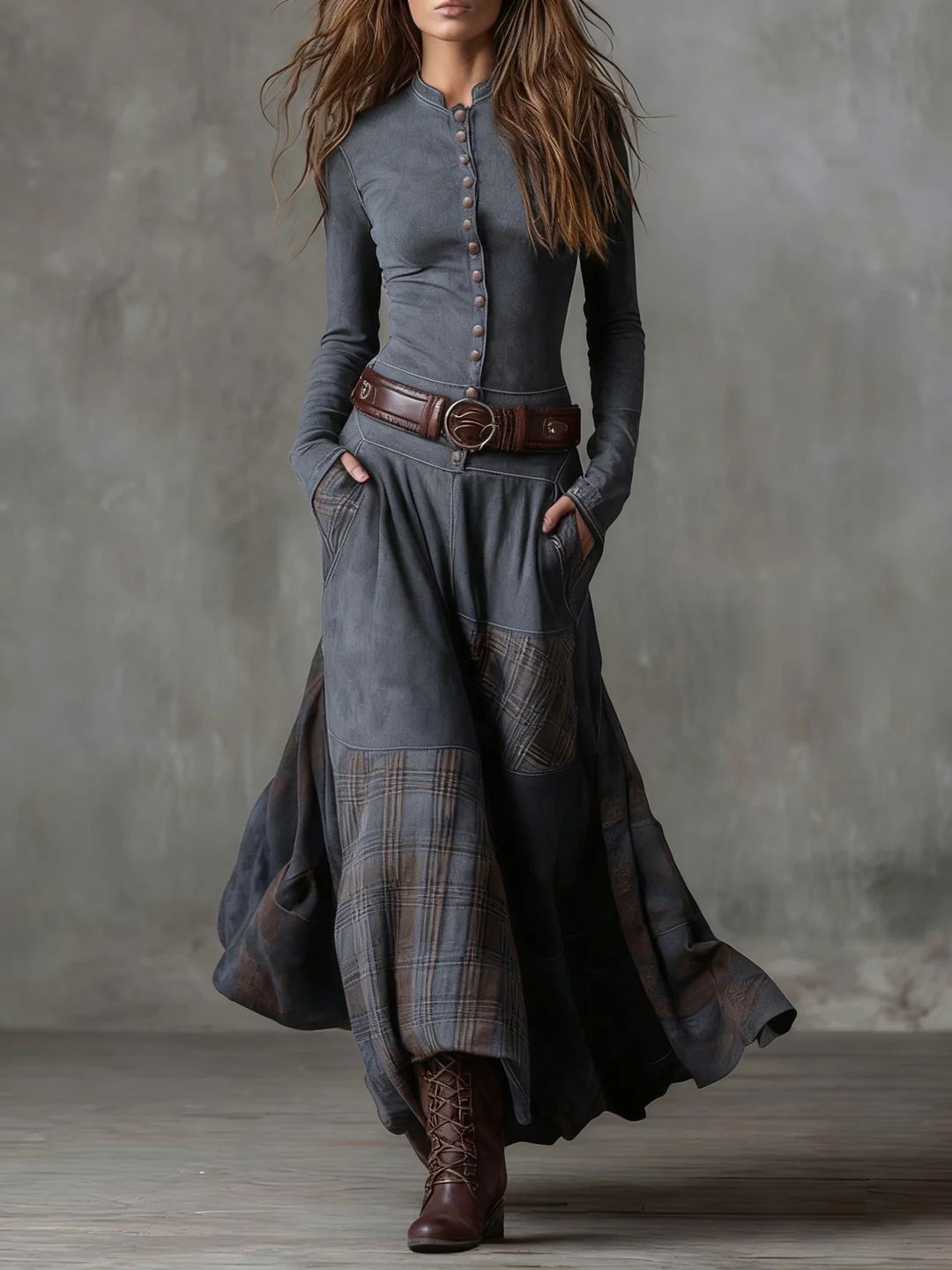 Threnody™ | Vintage Long Dress in Navy Check (Includes Belt)