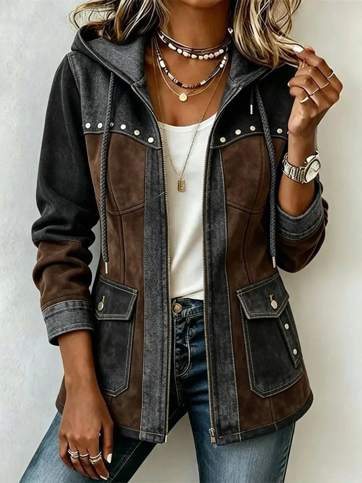 Camille | Patchwork-Style Hooded Jacket