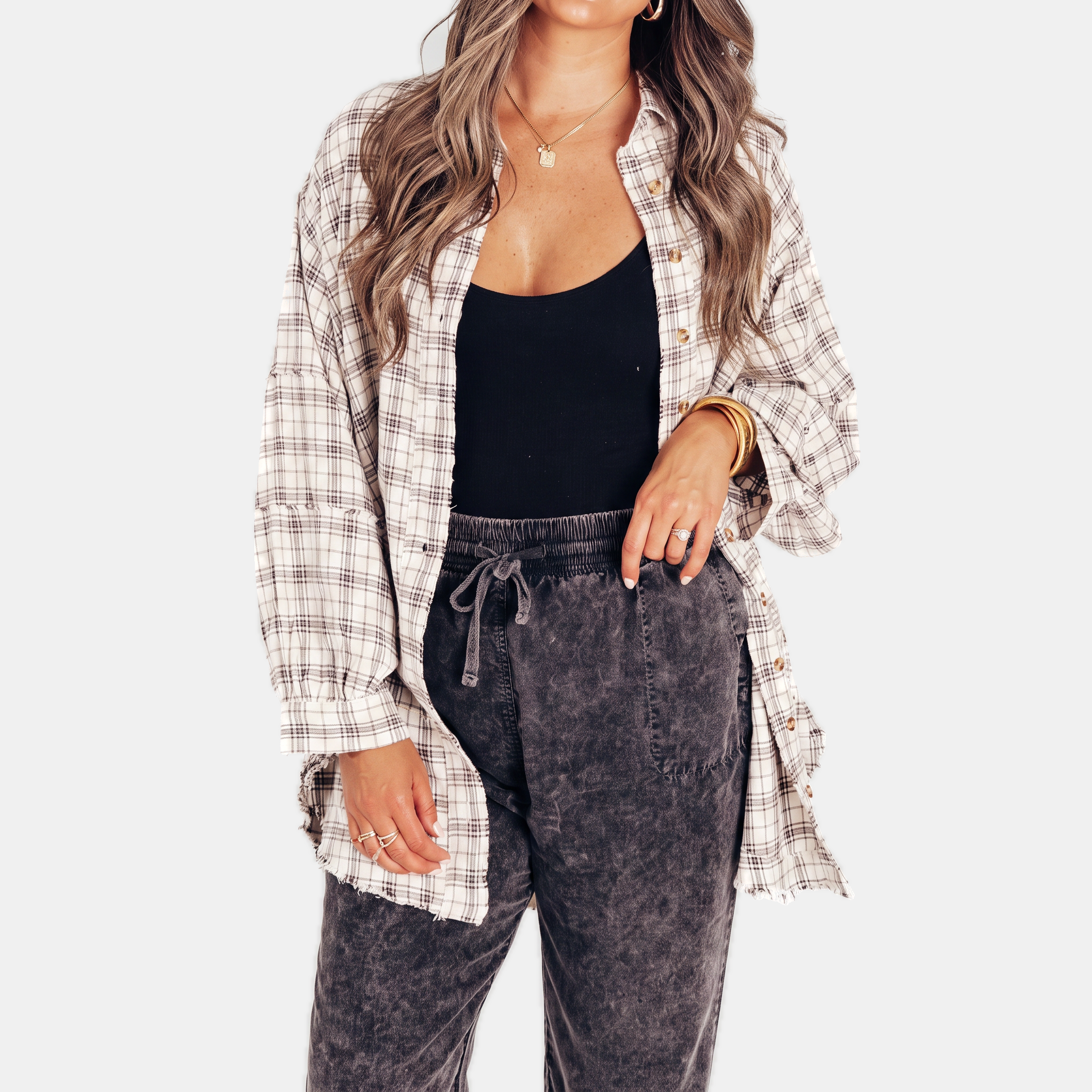 Isadora™ | Oversized Raw Hem Plaid Shirt