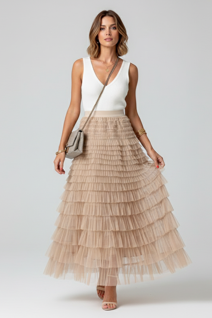 Women’s Layered Tulle Midi Skirt with Elastic Waist
