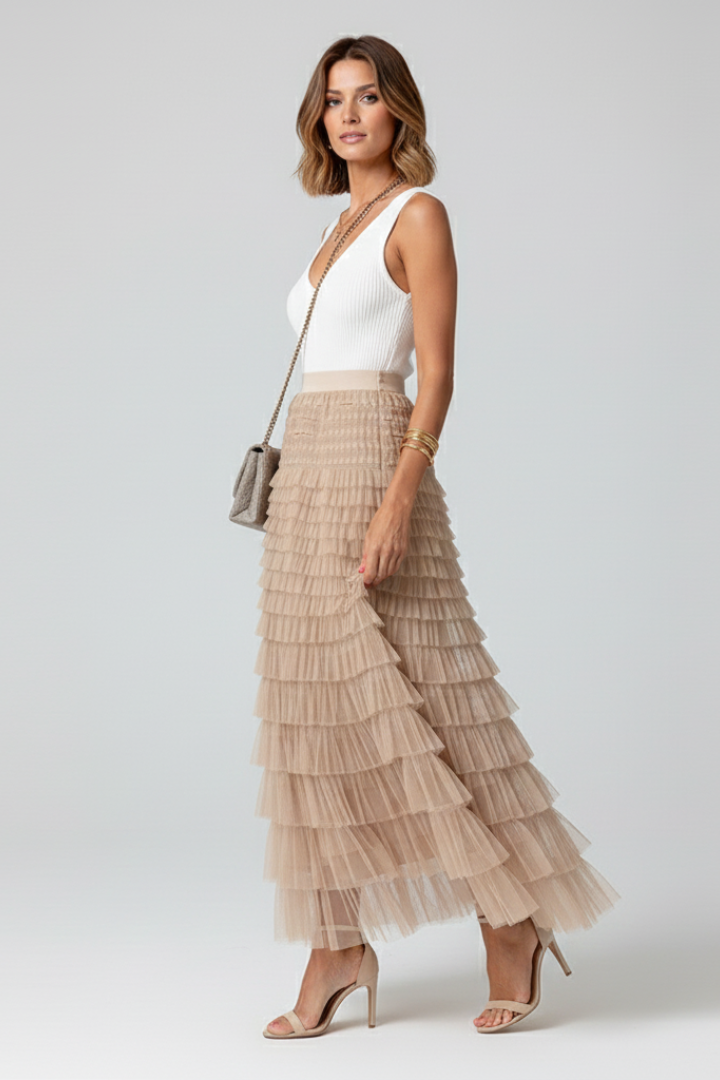 Women’s Layered Tulle Midi Skirt with Elastic Waist