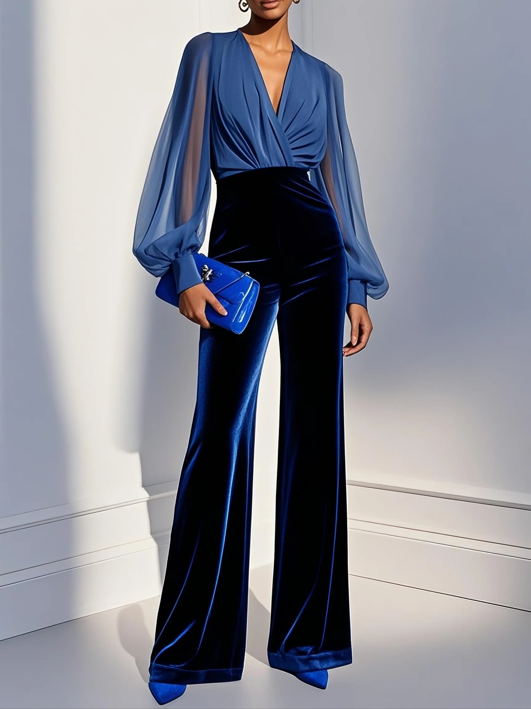 Rosslyn™ | Long Wide-Leg Jumpsuit with V-Neck and Long Sheer Sleeves