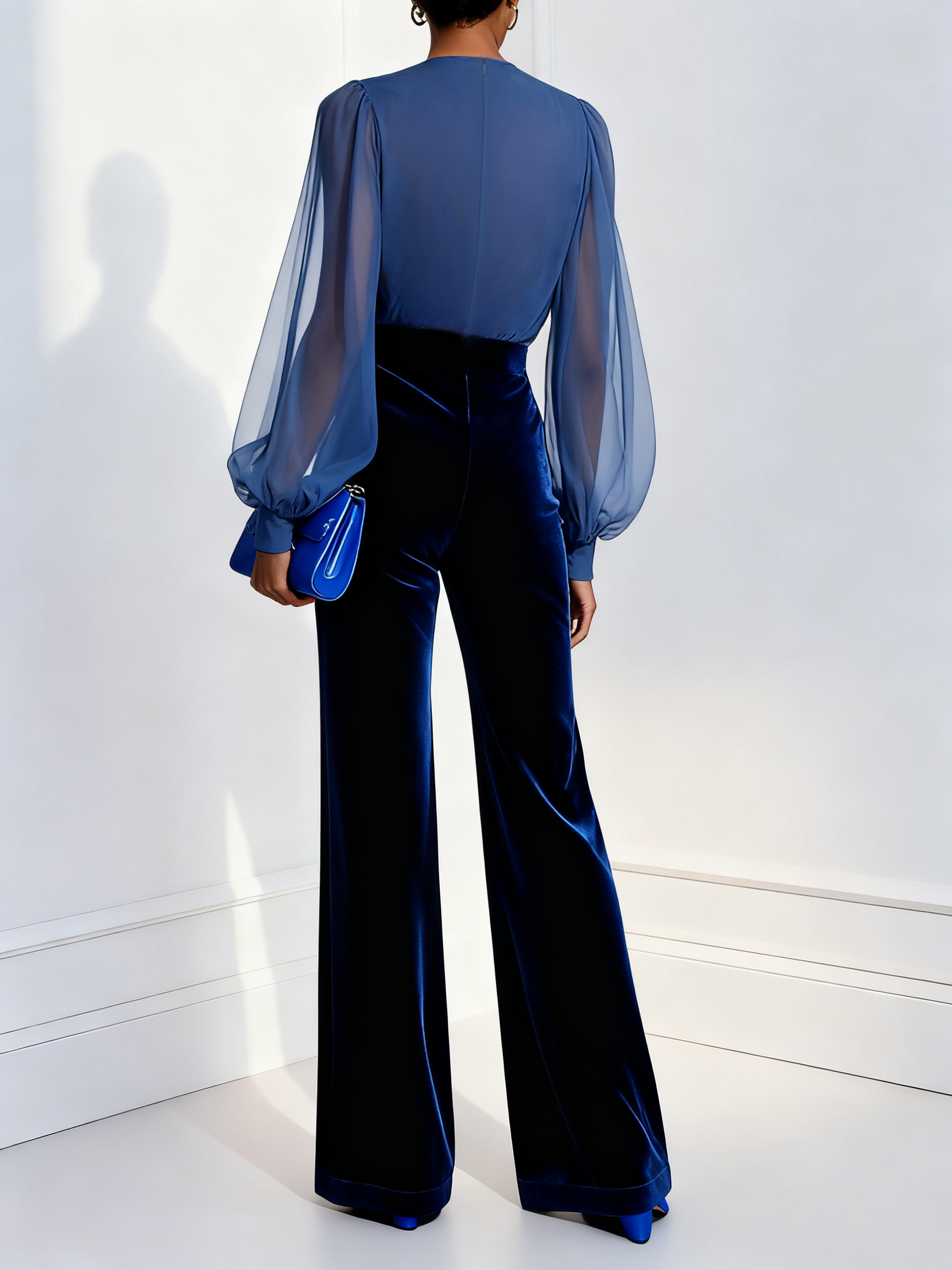 Rosslyn™ | Long Wide-Leg Jumpsuit with V-Neck and Long Sheer Sleeves