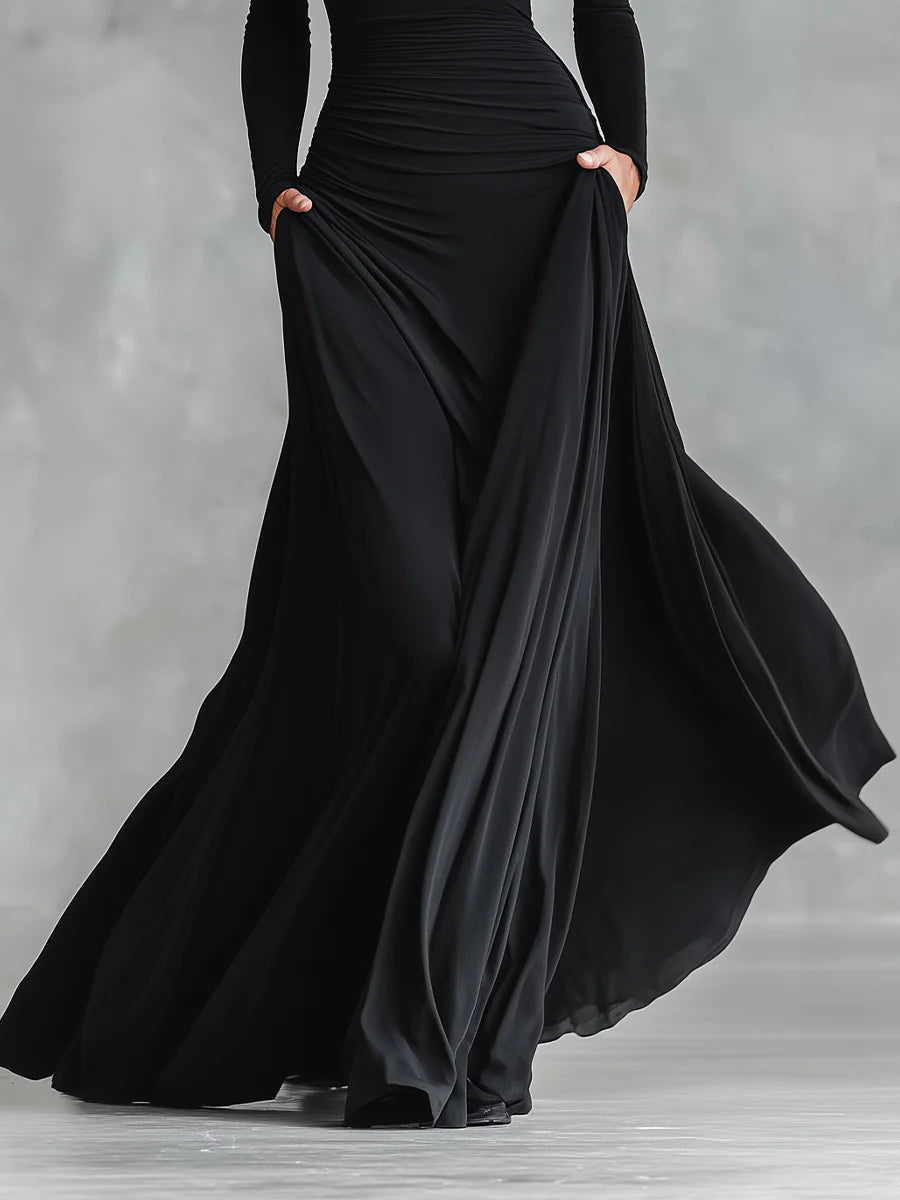 Beatrix™ | Elegant Black Maxi Dress with Boat Neck Long Sleeve Pleated Formal Style